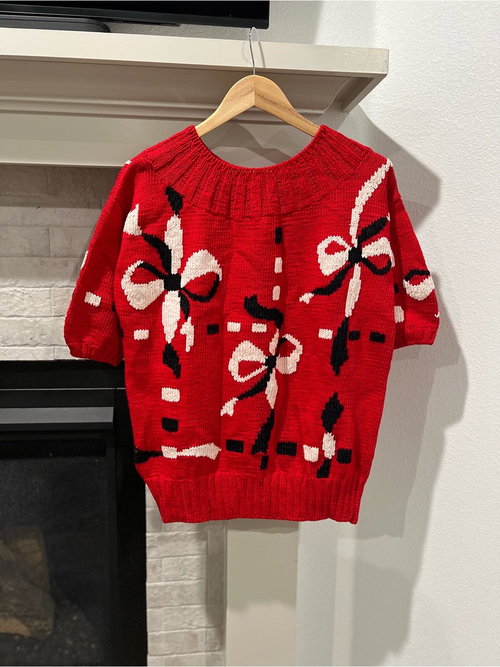 Vintage 90s Red Knit Bow Sweater Coquette Festive Christmas Medium